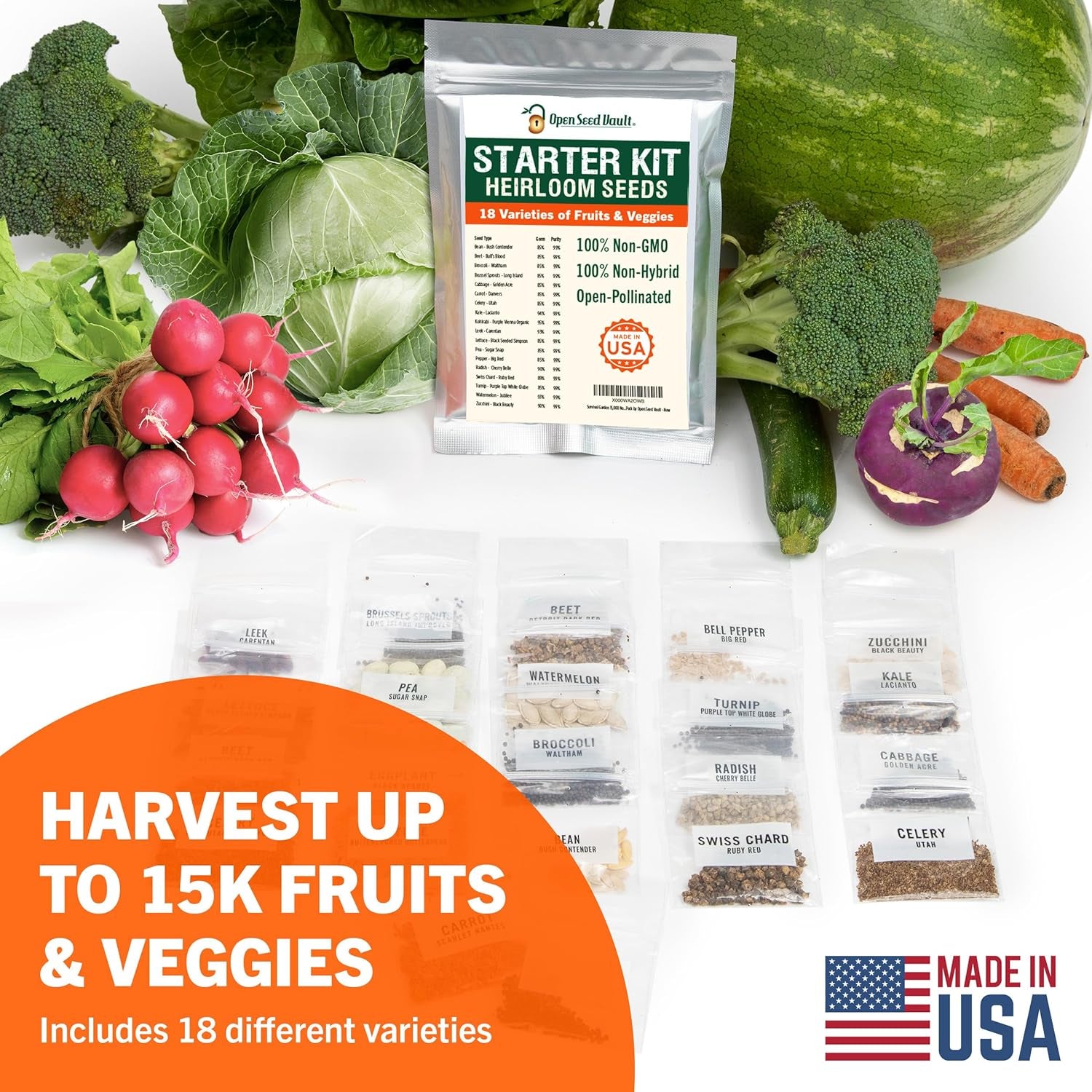 15,000 Heirloom Seeds Non GMO Vegetable and Fruit Seeds for Planting Outdoor & Indoor - 18 Variety Pack of Survival Garden Seeds